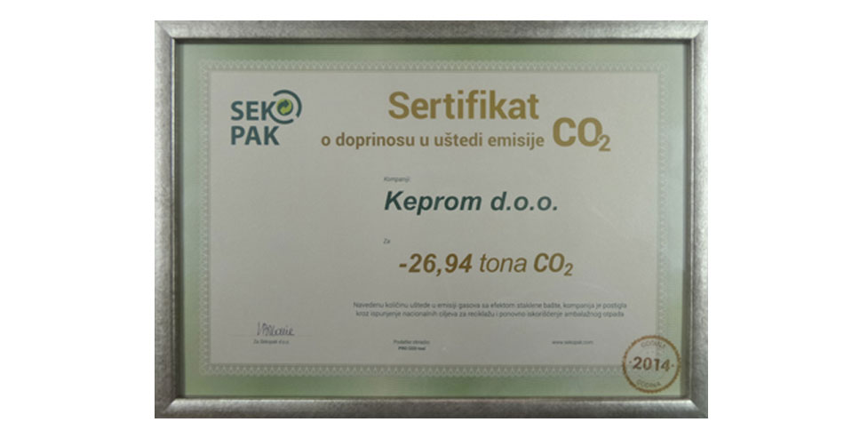 Kompanija Keprom dobila sertifikat o umanjenju emisije CO2